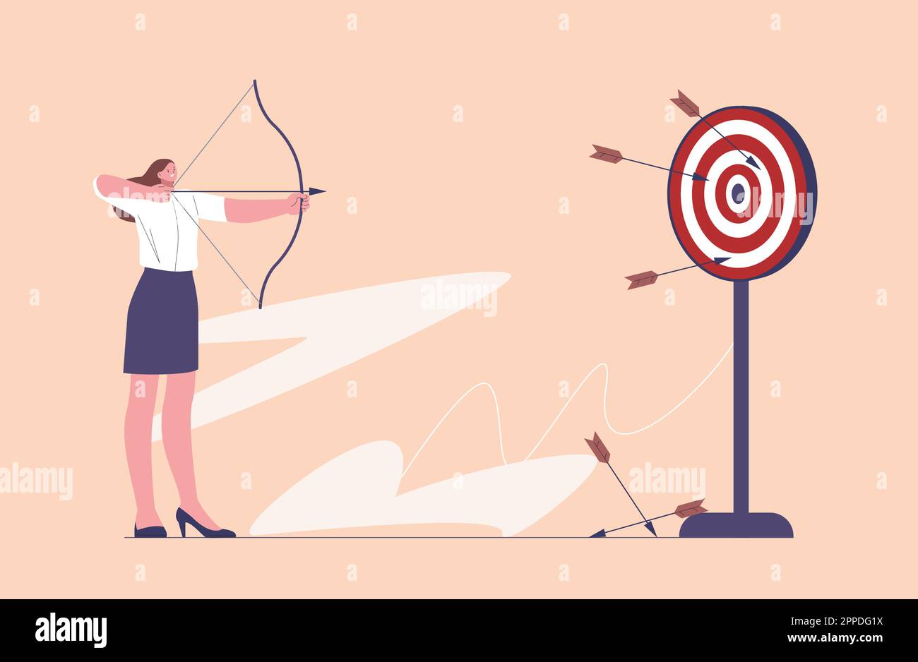 Donna spara bersaglio con frecce. Obiettivi di obiettivo, finanziari o di lavoro focalizza. Carriera imprenditrice femminile, leader sicuro ragazza kicky vettore Illustrazione Vettoriale