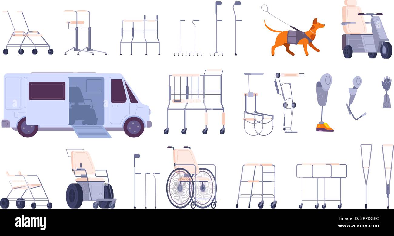 Dispositivi Walker. Varietá escursionisti mobilità e attrezzature mediche per disabili, protesi da camminata in legno crutch sedia a rotelle, set splendida illustrazione vettoriale di dispositivo camminatore e supporto medico Illustrazione Vettoriale