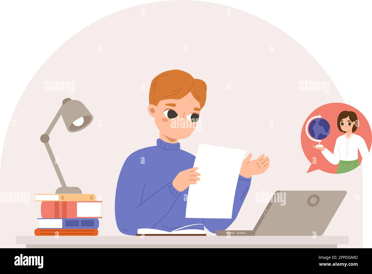 Video lezione con insegnante. Educazione domestica, studio a distanza. Giovane studente con computer portatile e libri che imparano con il professore. Concetto di studio vettoriale Illustrazione Vettoriale