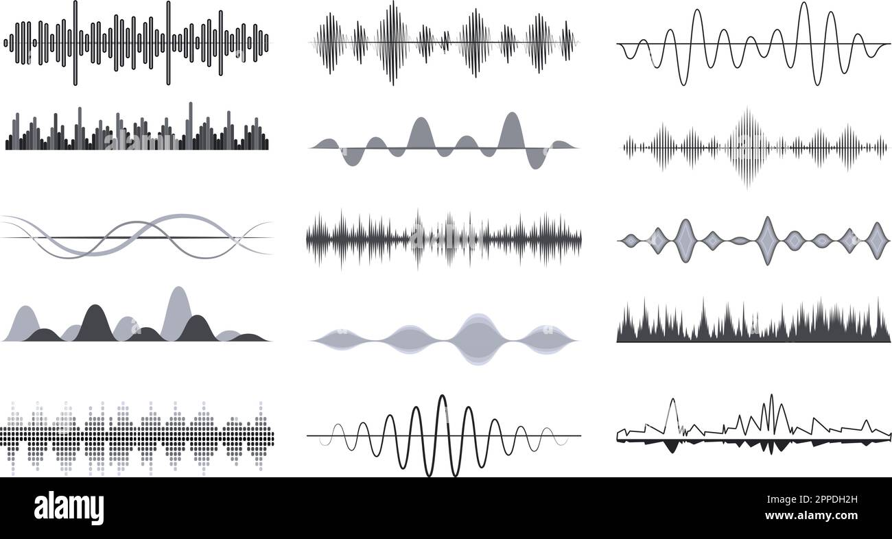 Design radio Music Waves, segnale audio analogico. Traccia o suono, vibrazioni delle onde musicali. Riconoscimento vocale digitale monocromatico decent vector symbol Illustrazione Vettoriale