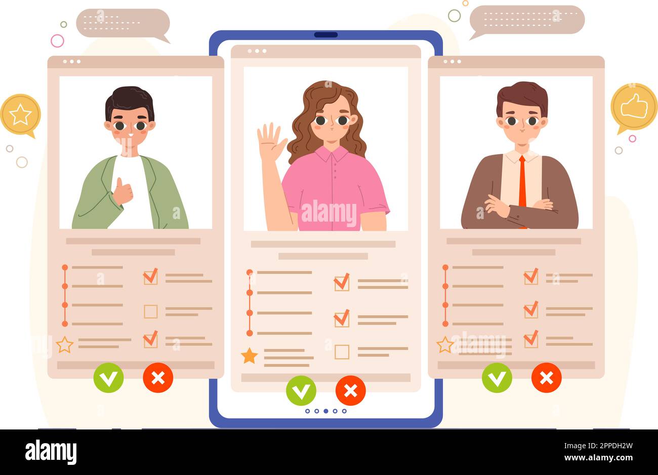 Curriculum online, elenco dei candidati su smartphone o laptop. Nuovo modulo reclutamento, profilazione e ricerca dipendente. Selezione di una scena vettoriale di lavoro Illustrazione Vettoriale
