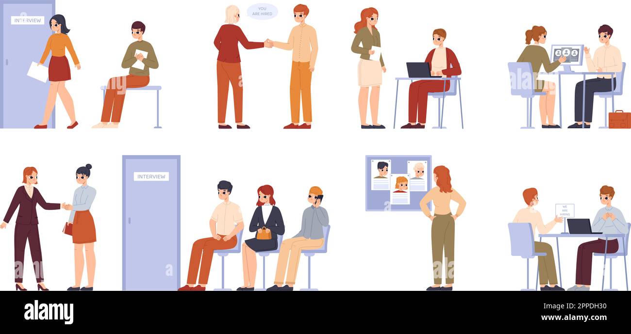 Giovani professionisti adulti su hr datore di lavoro intervista. Curriculum, lavoratori e manager aziendali. Ricerca di lavoro, assunzione e reclutamento. Set per ufficio vettoriale Illustrazione Vettoriale