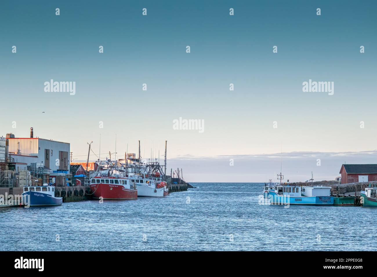 Barche da pesca ormeggiate nel porto a Glace Bay Cape Breton Island in una bella serata primaverile. Foto Stock