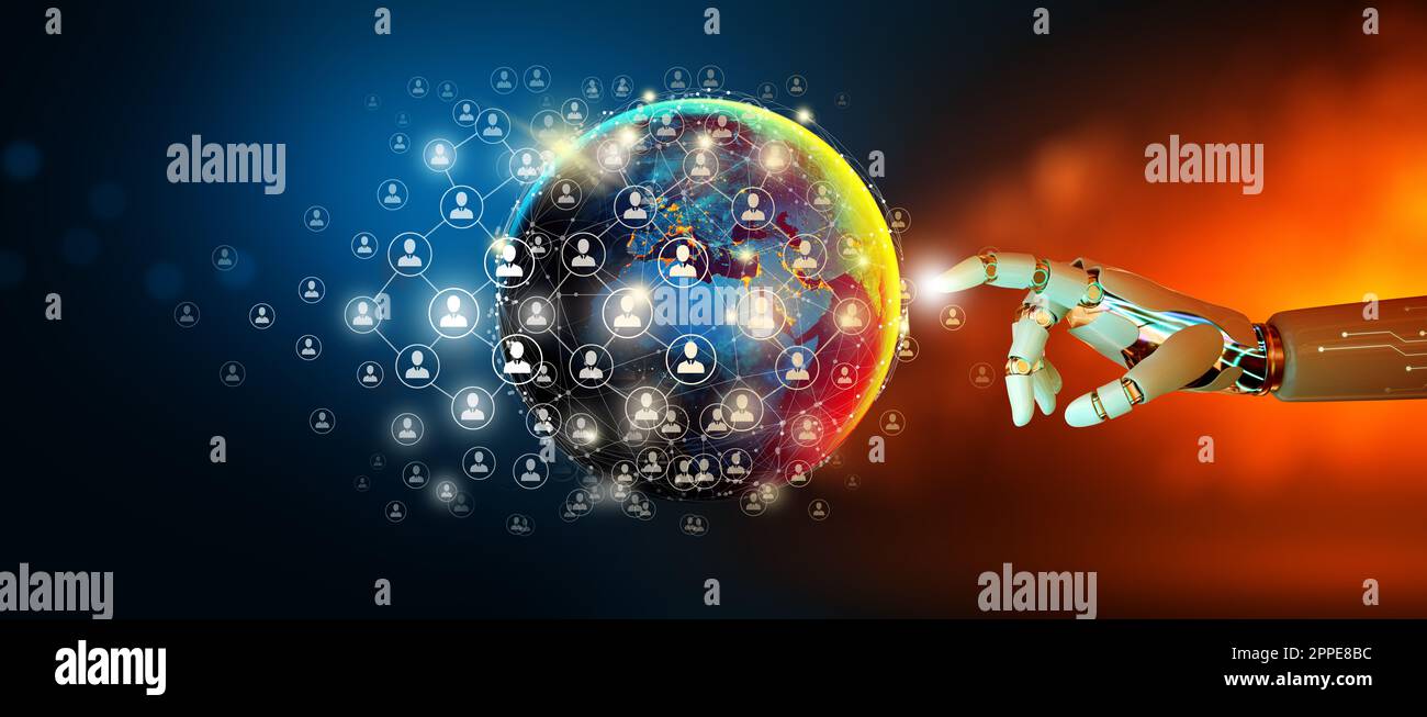 Robot leader nella connessione di rete globale e nello scambio di dati con Abstract background. Tecnologia di comunicazione per Internet business e social network Foto Stock
