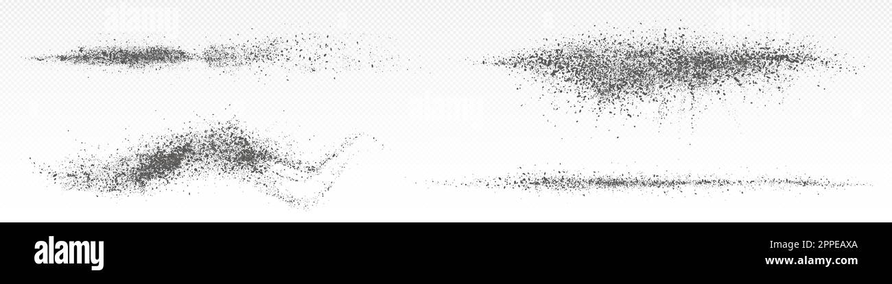 Spruzzi di polvere di cenere, polvere nera. Effetto a spruzzo o a raffica di particelle scure, spruzzi di cenere isolati su sfondo trasparente, illustrazione realistica vettoriale Illustrazione Vettoriale