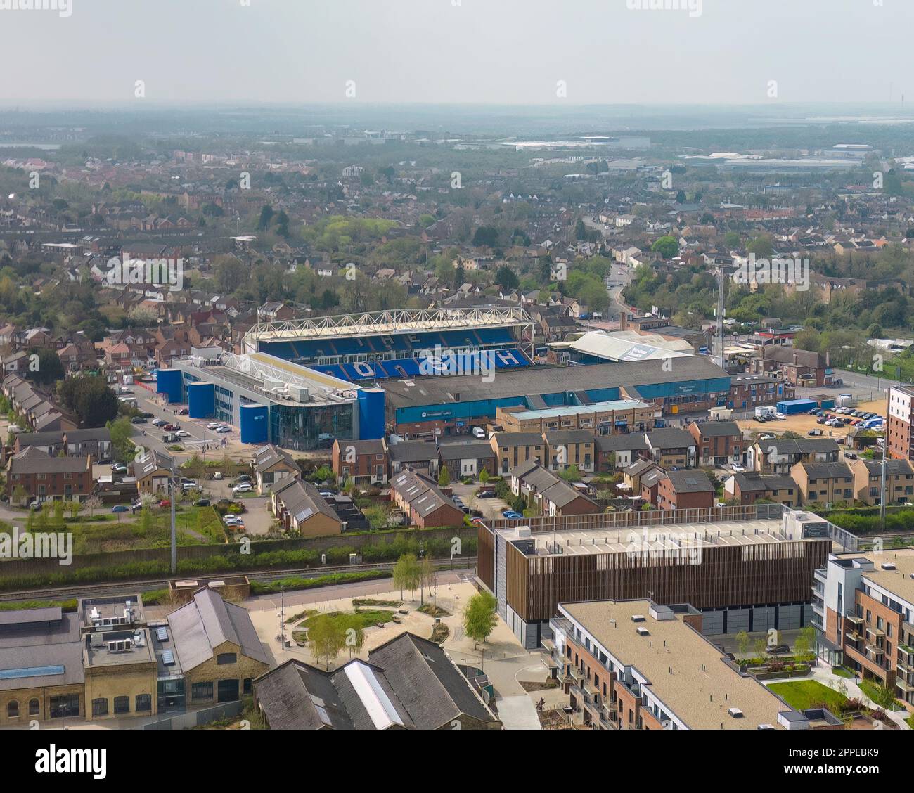 Una vista aerea del Weston Homes Stadium, sede del Peterborough United FC a Peterborough, Cambridgeshire, Regno Unito Foto Stock