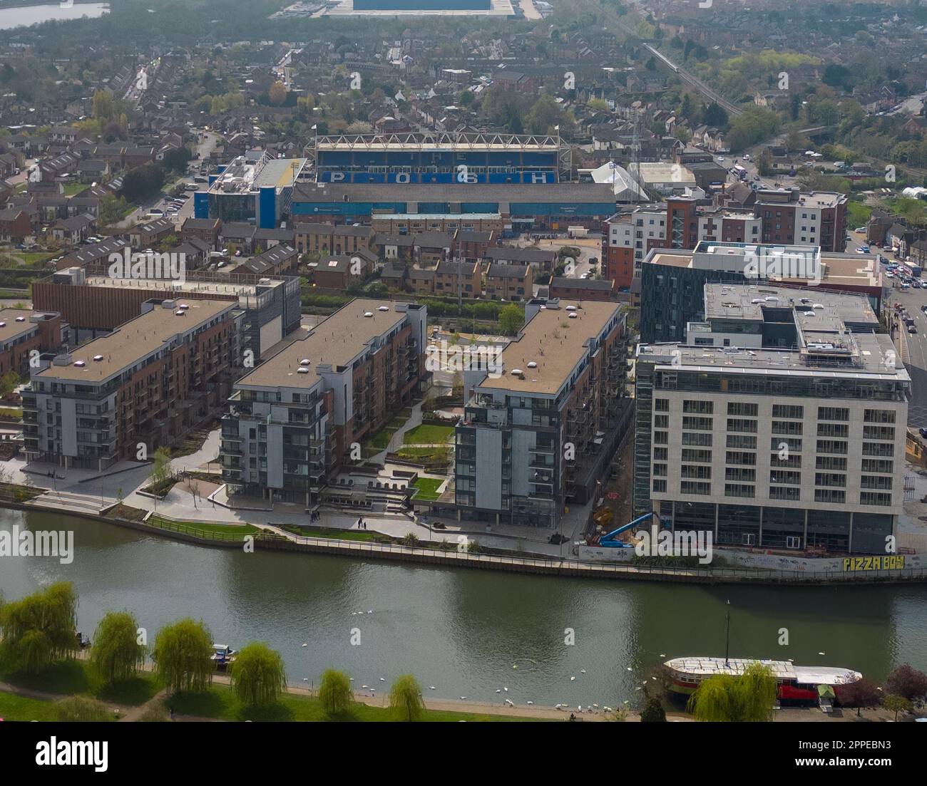Una vista aerea del Weston Homes Stadium, sede del Peterborough United FC a Peterborough, Cambridgeshire, Regno Unito Foto Stock