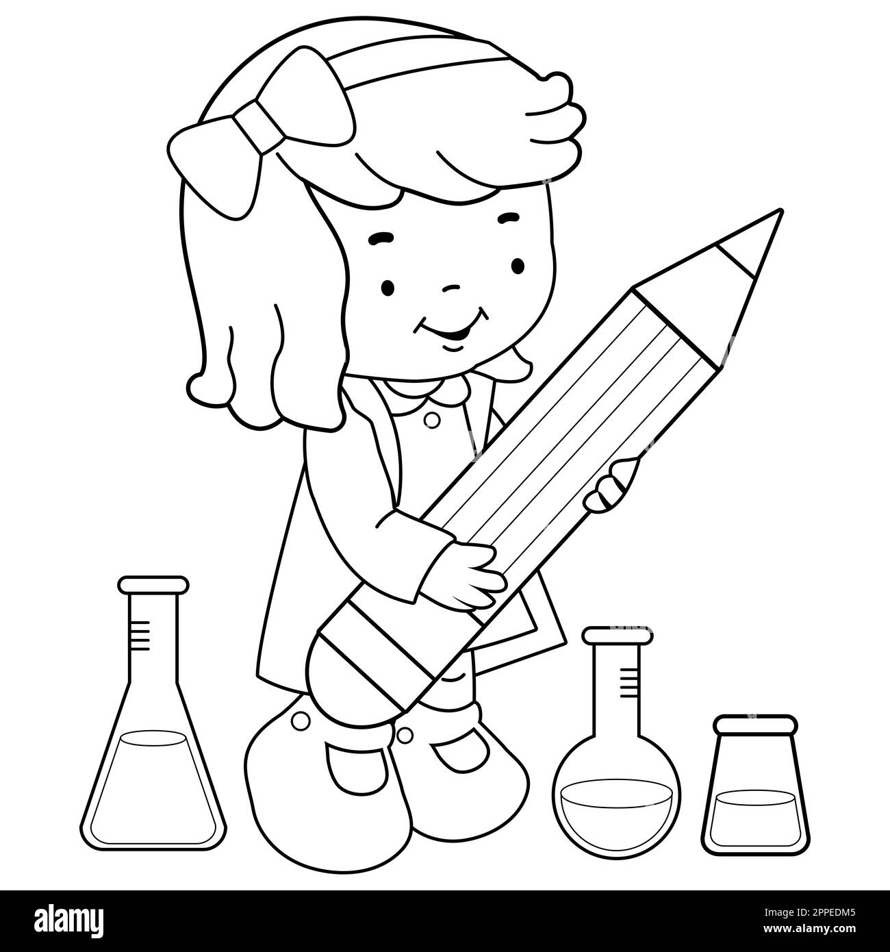 Ragazza studentessa scienziata che usa provette per test di chimica, facendo esperimenti scientifici e prendendo appunti con una matita grande. Pagina da colorare in bianco e nero Foto Stock
