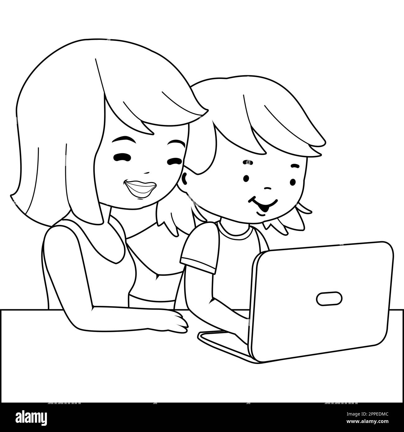Una madre e un bambino seduti sulla scrivania di fronte al computer. Pagina da colorare in bianco e nero Foto Stock