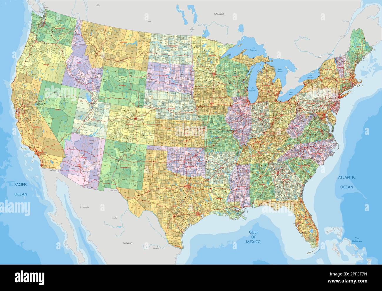 Mappa politica degli Stati Uniti complessa con ogni contea, città principali, strade e idrografia. Illustrazione Vettoriale