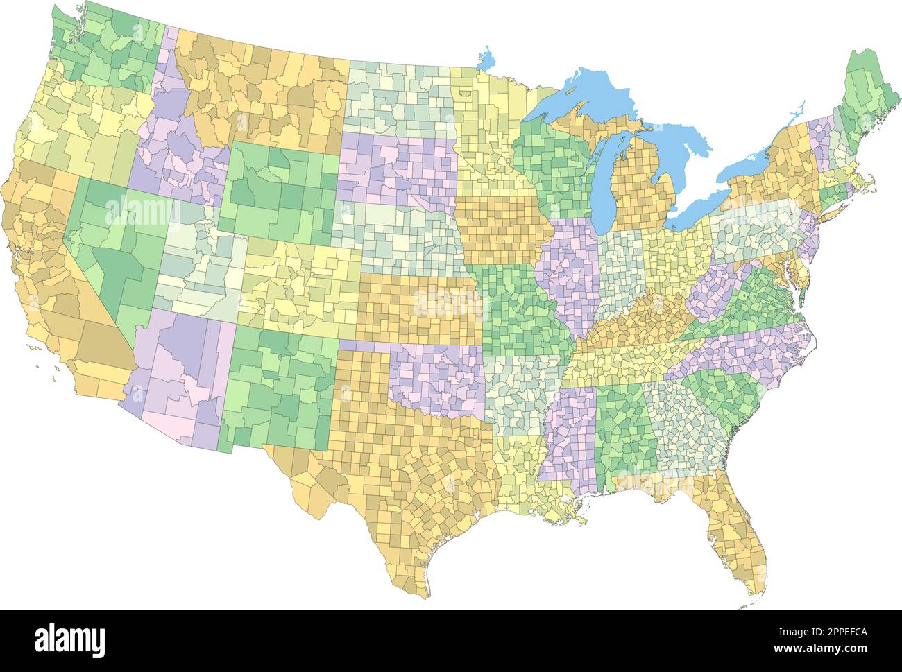 Mappa politica degli Stati Uniti complessa con ogni stato e contea. Illustrazione Vettoriale