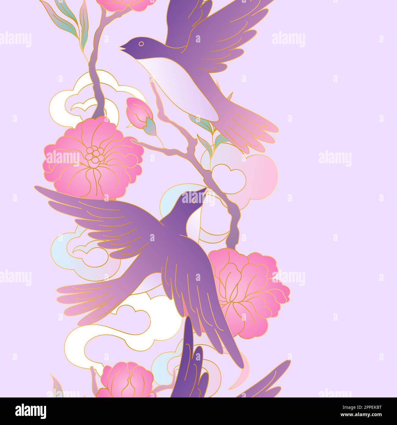 Uccelli orientali e fiori modello. Sfondo tradizionale cinese e giapponese. Illustrazione Vettoriale