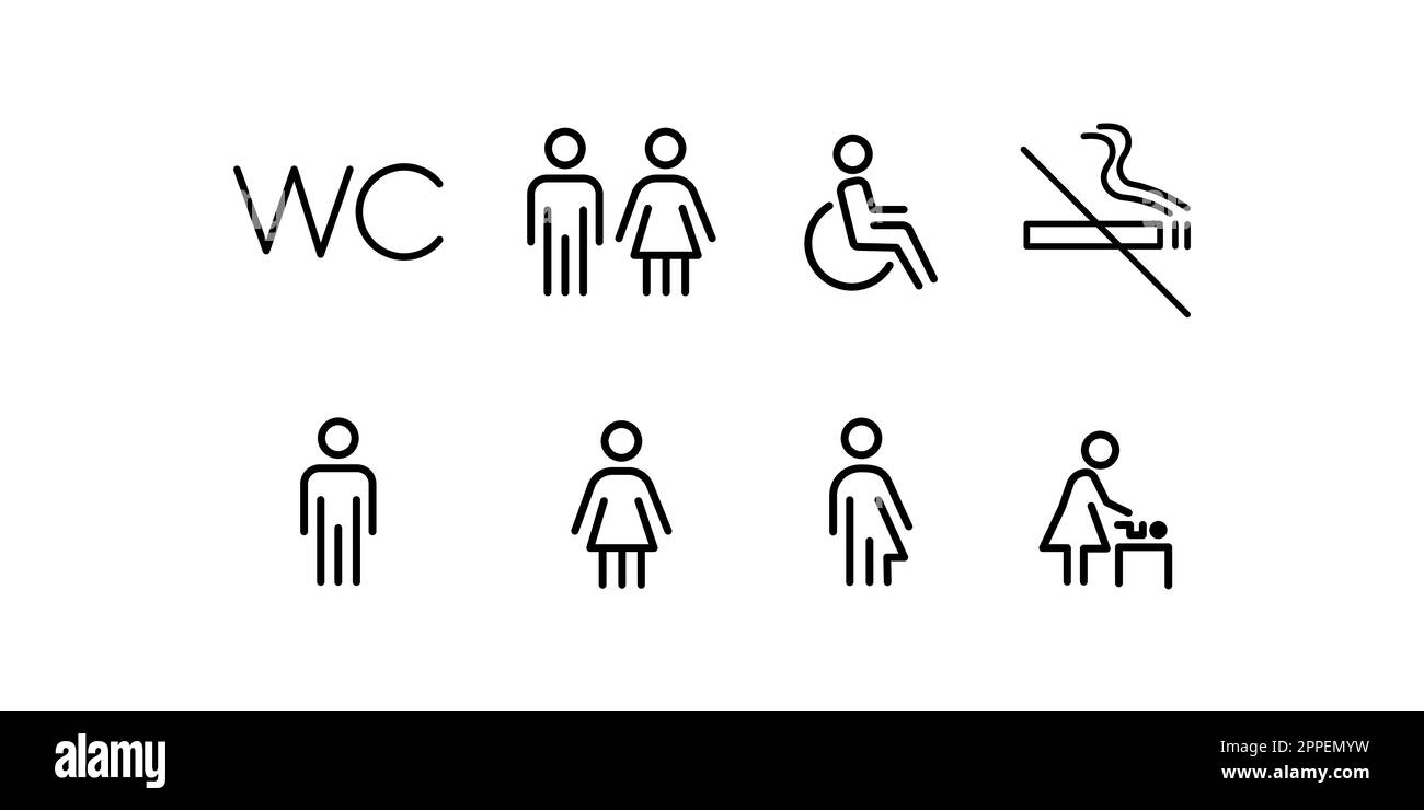 Set di simboli vettoriali wc o wc a linea sottile. Uomini, donne, disabili, pannolini che cambiano le icone. Contorno, tratto modificabile. Illustrazione Vettoriale