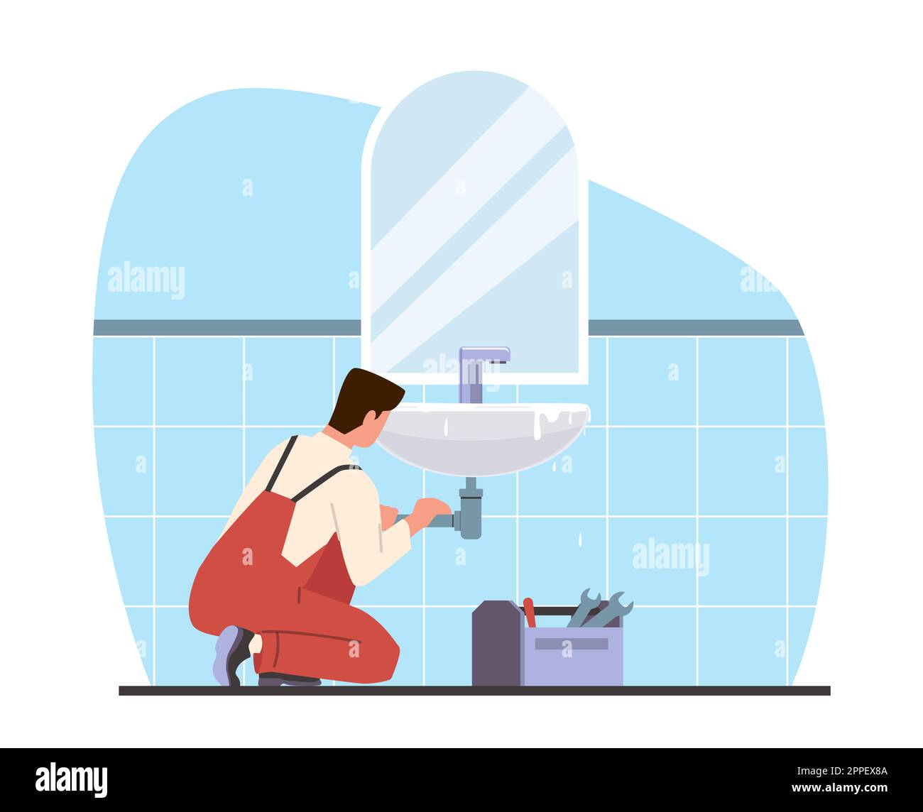 L'idraulico corregge il tubo che perde o l'ostruzione nel lavello. Addetto alle riparazioni nel bagno. Perdite dalla fognatura rotta. Servizio di riparazione. Alluvione e distruzione in bagno. Cartone animato Illustrazione Vettoriale