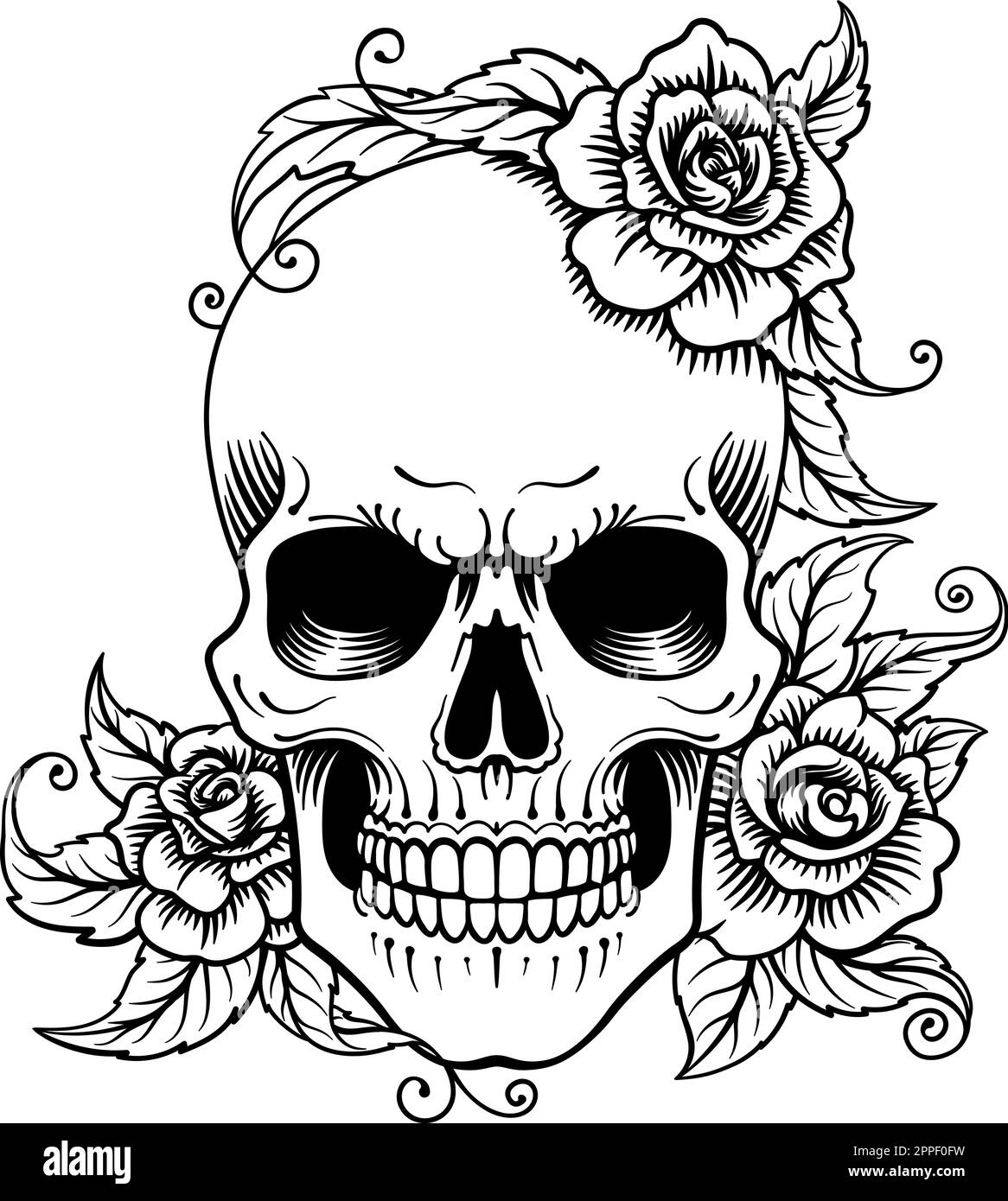 Skull Roses incisione in legno incisione Tattoo Design Illustrazione Vettoriale