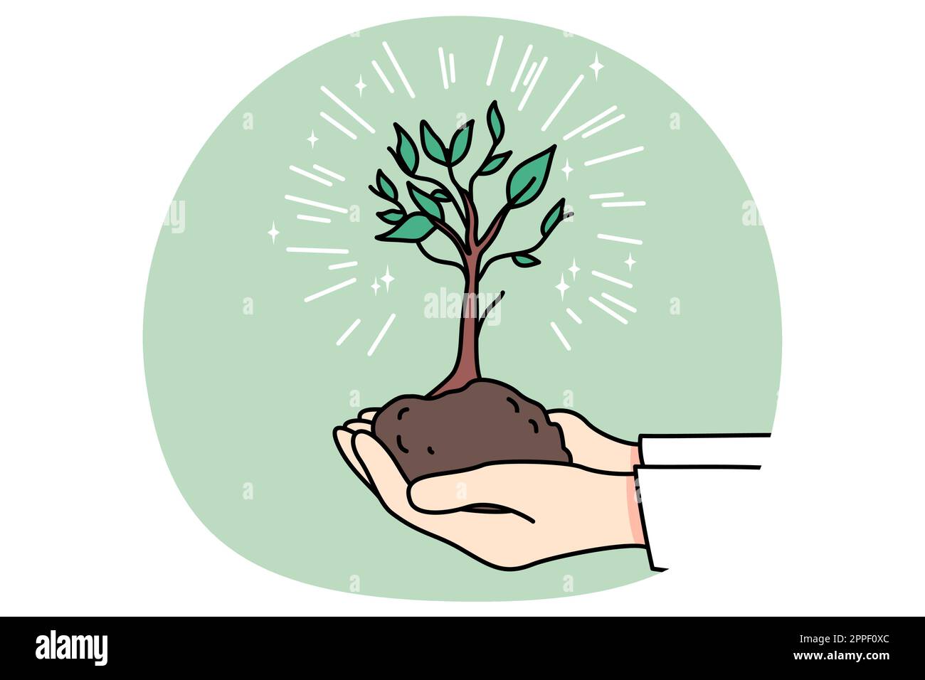 La persona che tiene in mani l'albero in terra mostra la cura circa la natura e l'ambiente. Uomo con piantina in terreno impegnato in giardinaggio o hobby verde. Sicurezza e protezione del pianeta. Illustrazione vettoriale. Illustrazione Vettoriale