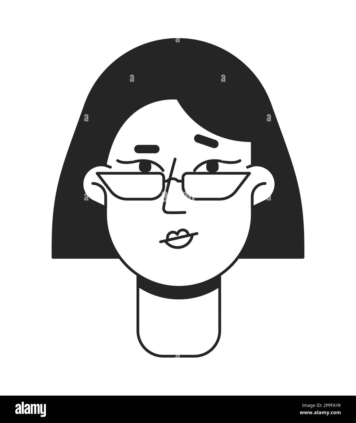 Donna esitante con testa di carattere vettoriale monocromatica a linea piatta per occhiali Illustrazione Vettoriale