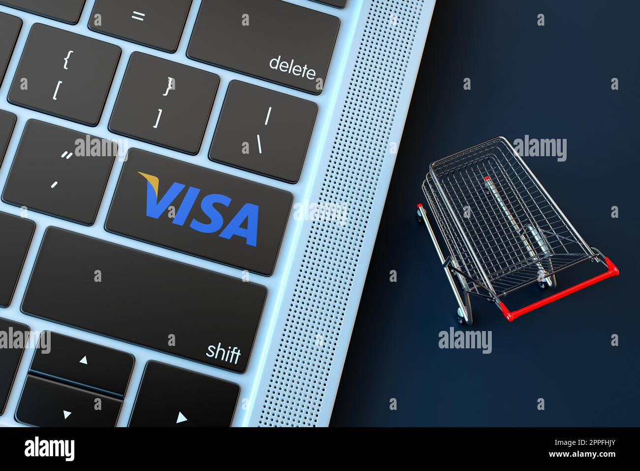 LOGO VISA sulla tastiera del computer portatile e carrello in miniatura. Rendering 3D Foto Stock