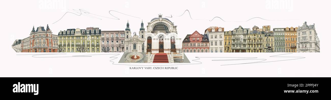 Il vecchio edificio facciate a Karlovy Vary Repubblica Ceca. Collage Foto Stock