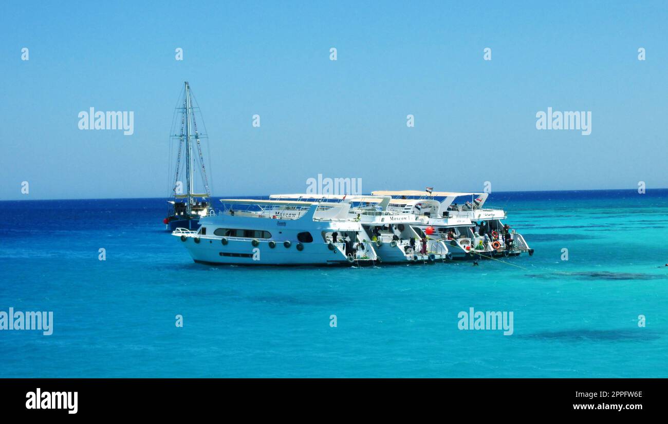 Vista sul parcheggio dello yacht con i turisti vicino a White Island nel Mar Rosso. Egitto Foto Stock