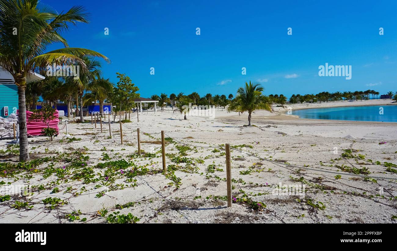 La spiaggia di sabbia bianca sull'isola di Ocean Cay Foto Stock