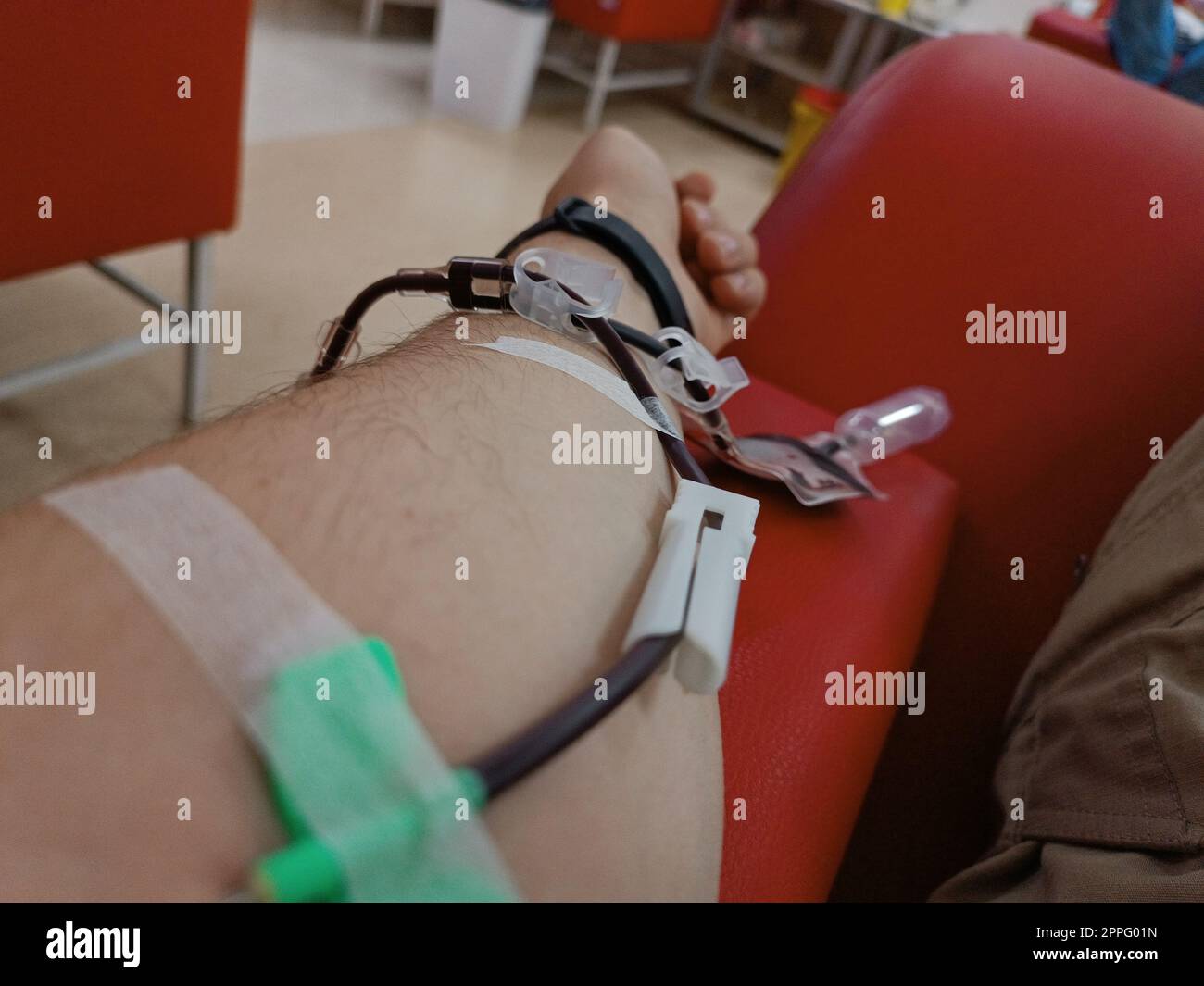 Donazione di sangue, trasfusione di sangue, controllo specificato, digiuno, assistenza sanitaria. Braccio sinistro del giovane caucasico con attrezzature per donazioni di sangue o plasma nel centro donazioni. Concetto di donazione di sangue. Concetto di donazione di plasma. Concetto di salvataggio della vita. Foto Stock