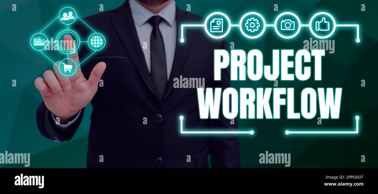 Segno di testo che mostra il flusso di lavoro del progetto. Internet Concept serie di passi che devono essere intrapresi per completare le attività Foto Stock