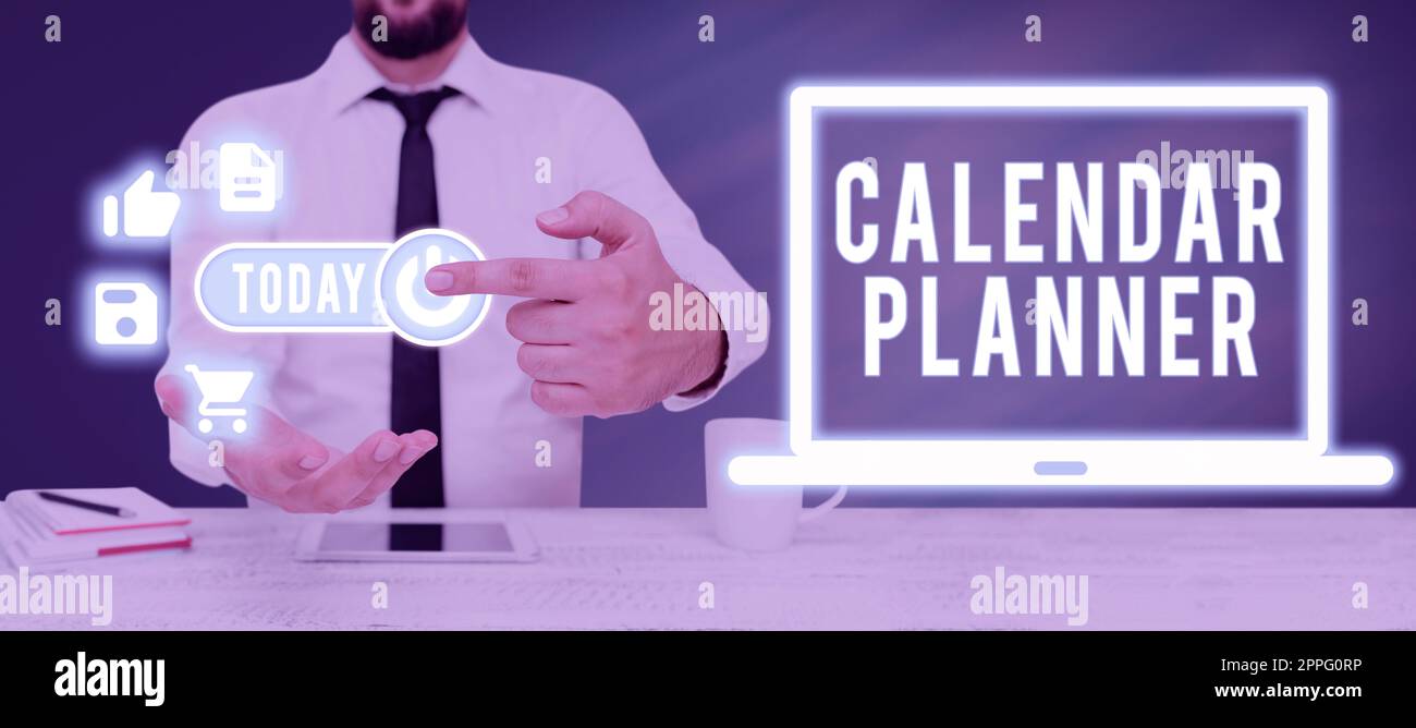 Scrittura con visualizzazione del testo Calendar Planner. Pianificazione aziendale delle attività o delle attività che devono essere completate Foto Stock