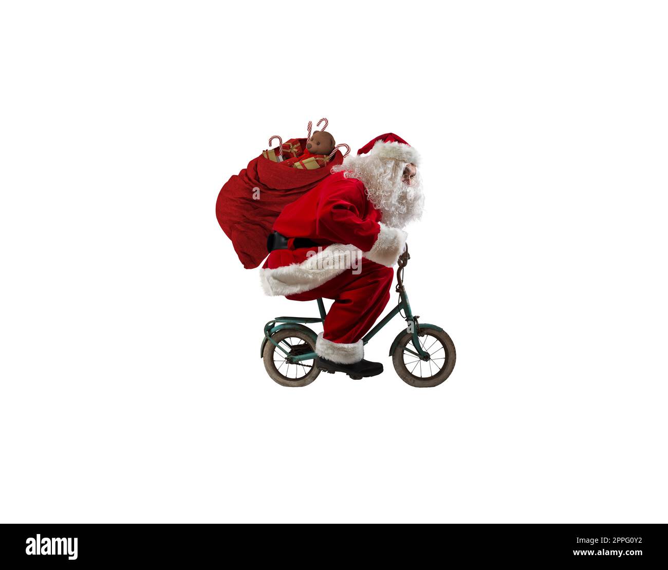 Santaclaus guida in bicicletta per offrire regali di natale veloci Foto Stock Santaclaus guida in bicicletta per offrire regali di natale veloci Foto Stock