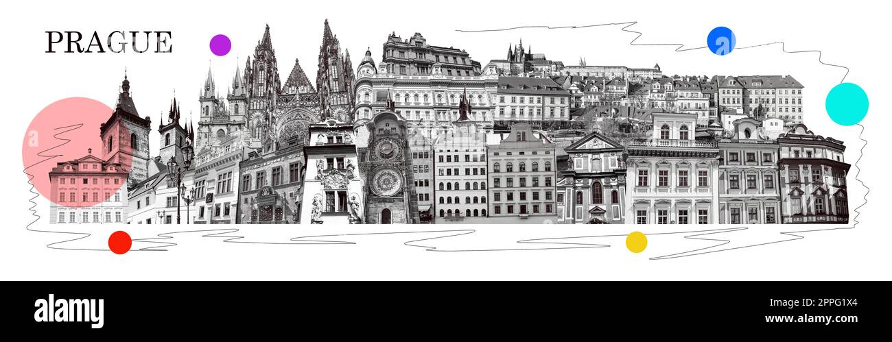 Il collage sulla città vecchia di Praga, repubblica Ceca. Design artistico. Foto Stock