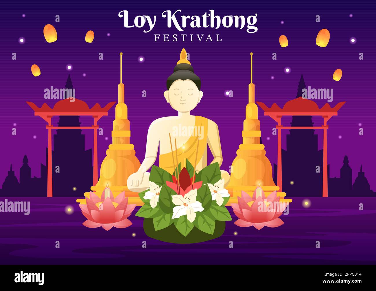 Festival di Loy Krathong Celebration in Thailandia Template Hand Drawed Cartoon Flat Illustration with Lanterns and Krathongs Floating on Water Design Illustrazione Vettoriale
