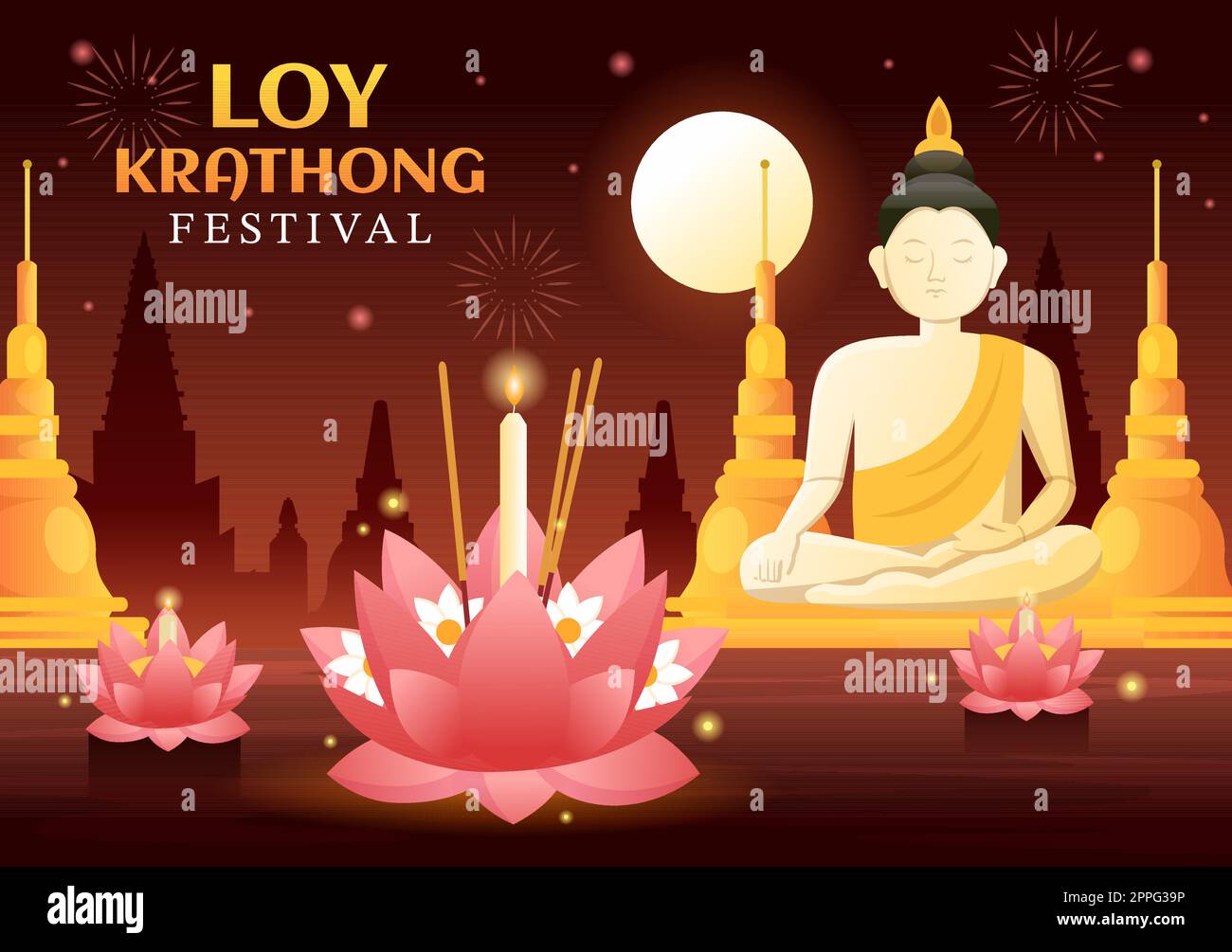Festival di Loy Krathong Celebration in Thailandia Template Hand Drawed Cartoon Flat Illustration with Lanterns and Krathongs Floating on Water Design Illustrazione Vettoriale