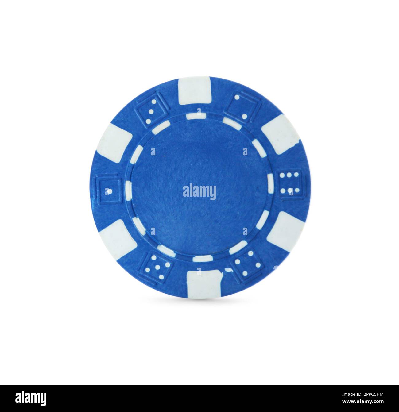 Chip blu da casinò isolato su bianco. Gioco di poker Foto Stock