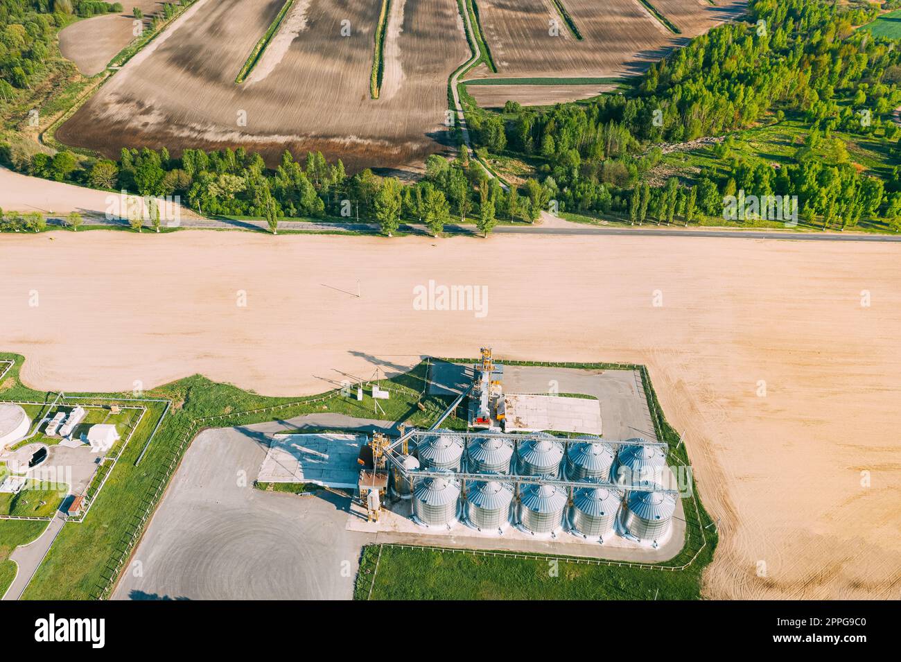 Vista aerea Granaio moderno, complesso di essiccazione dei cereali, cereali commerciali o silos di semi nel paesaggio rurale di Sunny Spring. Essiccatore per mais Silos, Inland Grain Terminal, elevatori per cereali in piedi in Un campo Foto Stock