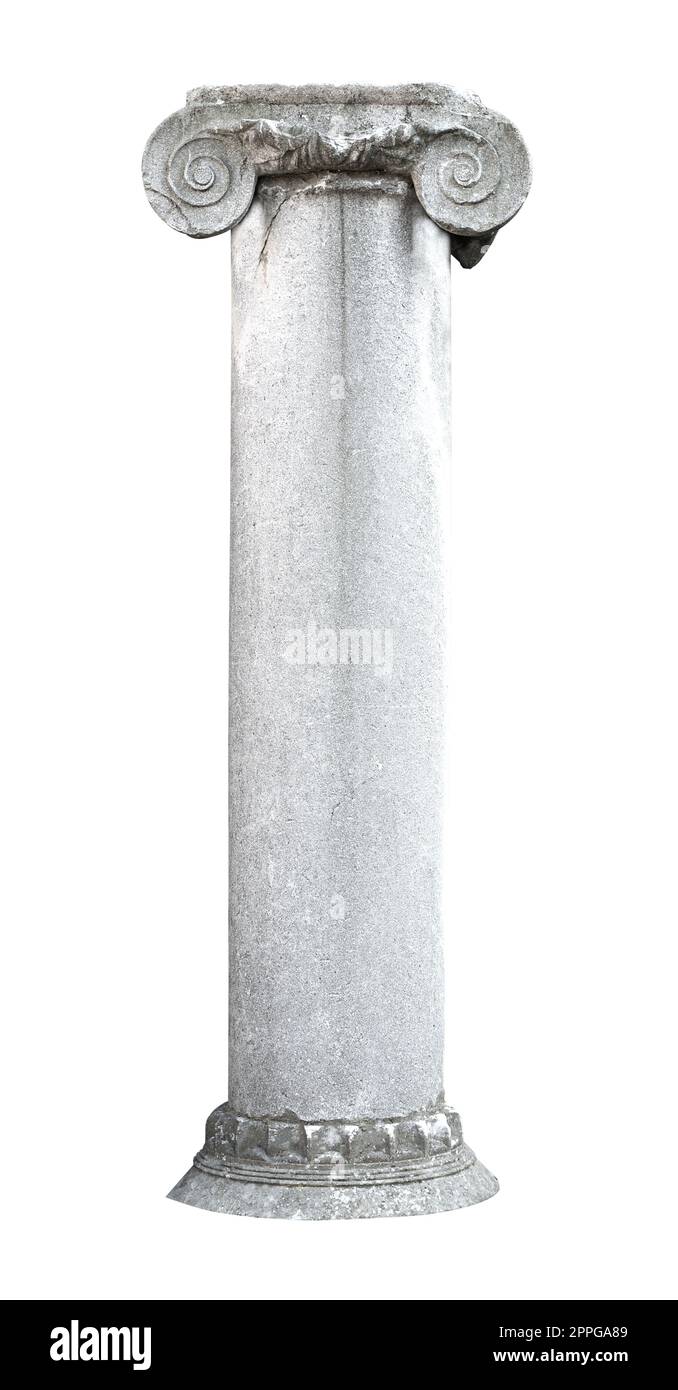 colonna a colonne architettoniche in pietra antica con piedistallo isolato su sfondo bianco Foto Stock