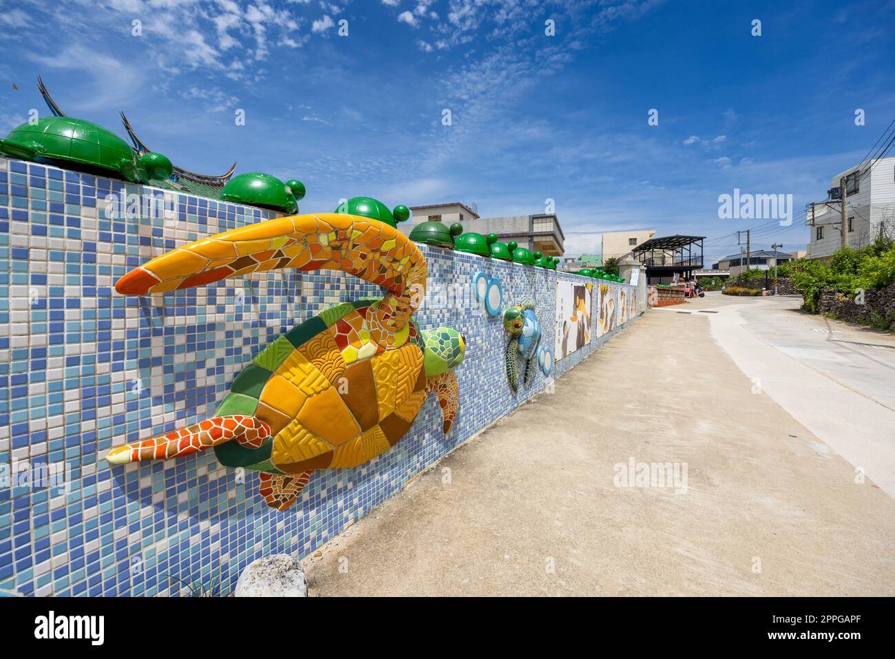 Penghu, Taiwan 21 Giugno 2022: Decorazione d'arte delle tartarughe marine a Nanliao Antica Casa di Penghu a taiwan Foto Stock