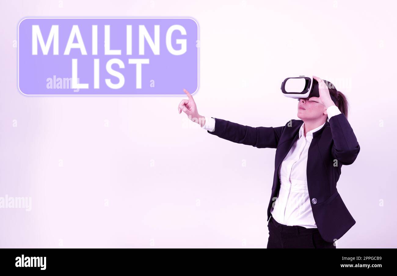 Firma che visualizza la Mailing List. Lista generale di affari delle persone che si abbonano ad una distribuzione spedente periodica Foto Stock