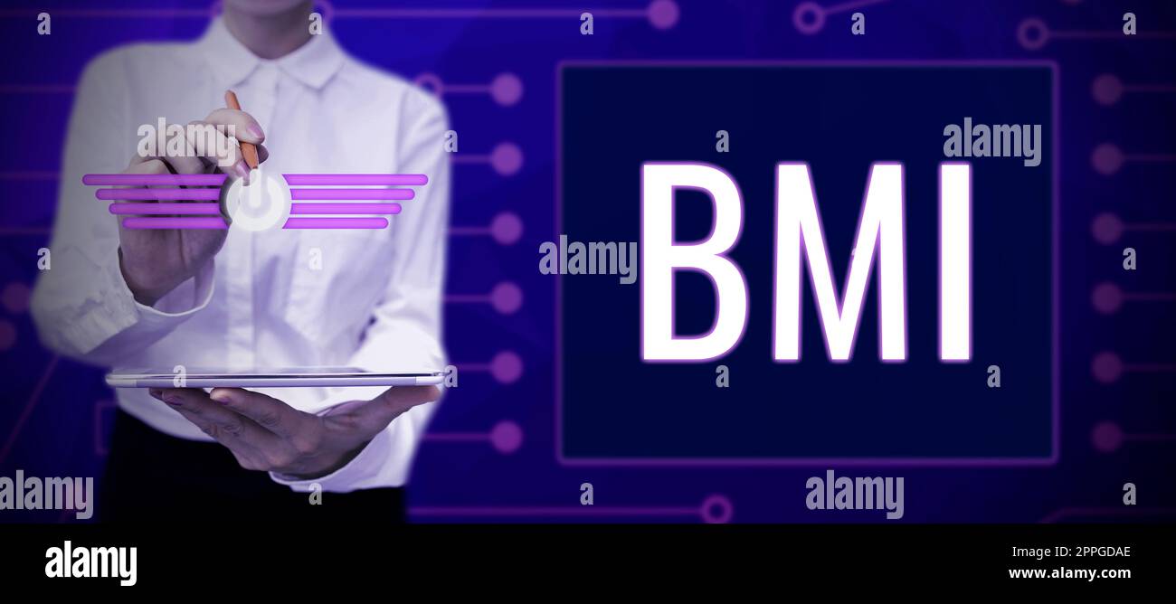 Cartello di testo con BMI. Parola scritta sul metodo di stima dei livelli di grasso corporeo in base al peso e all'altezza Foto Stock