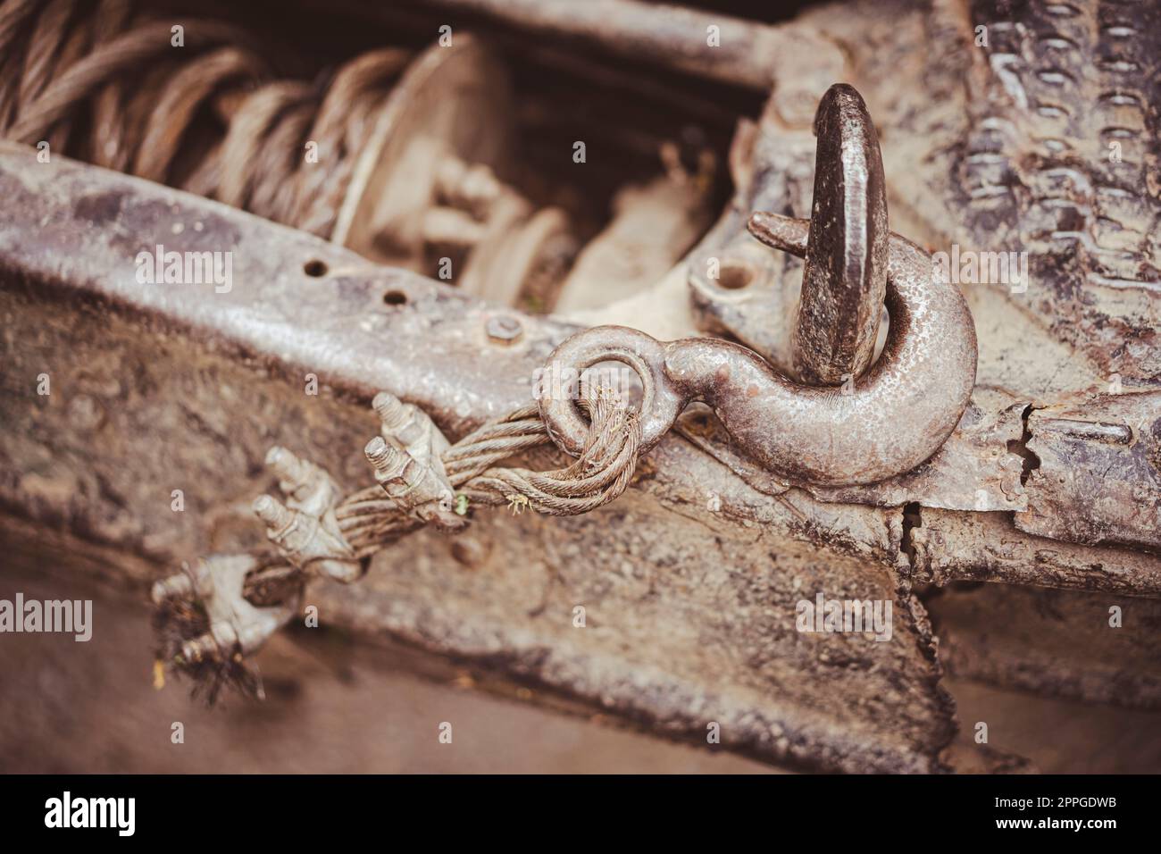 Gancio sporco usato da un verricello del carrello Foto Stock