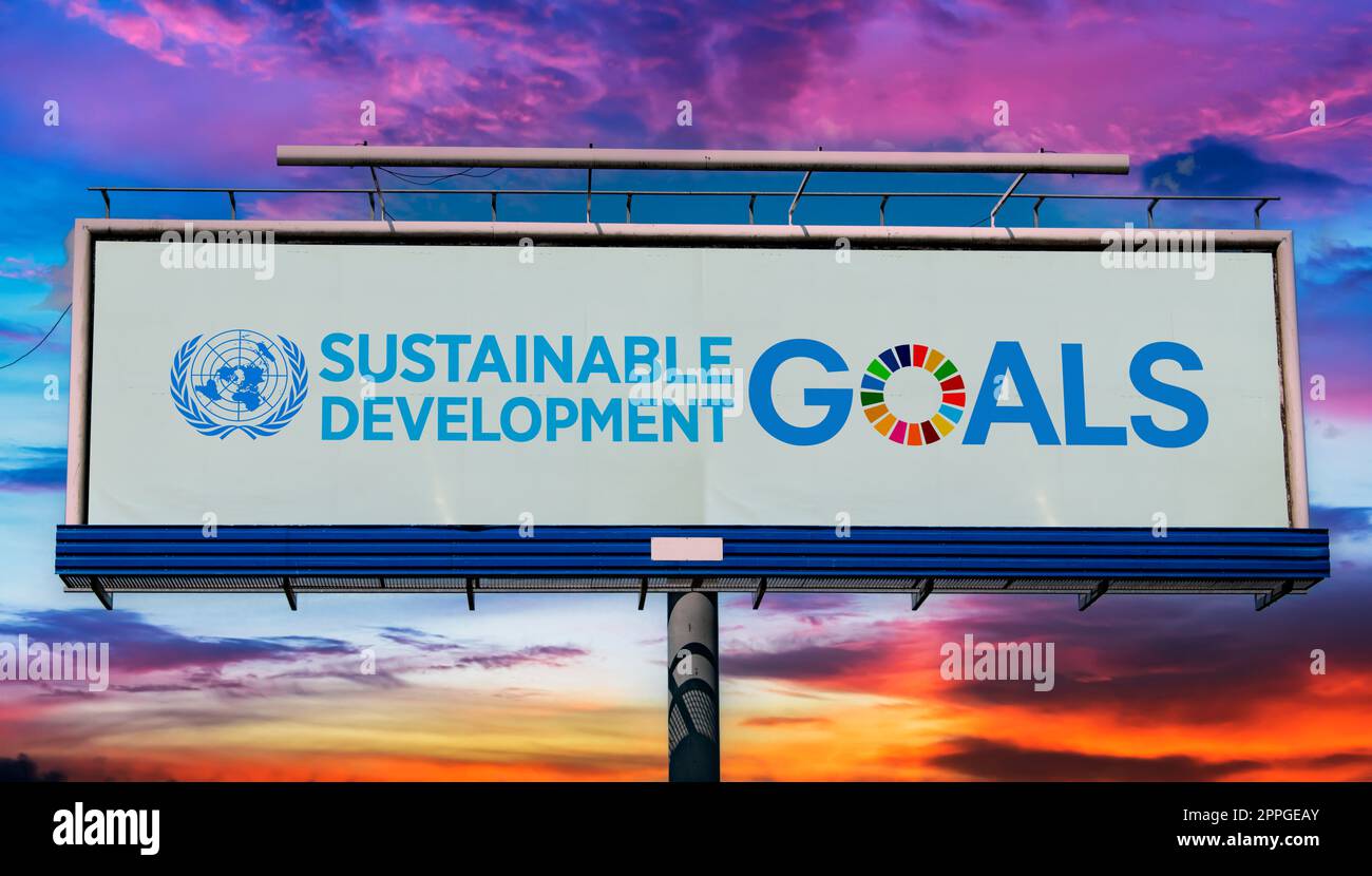 Billboard che mostra il logo degli obiettivi di sviluppo sostenibile Foto Stock