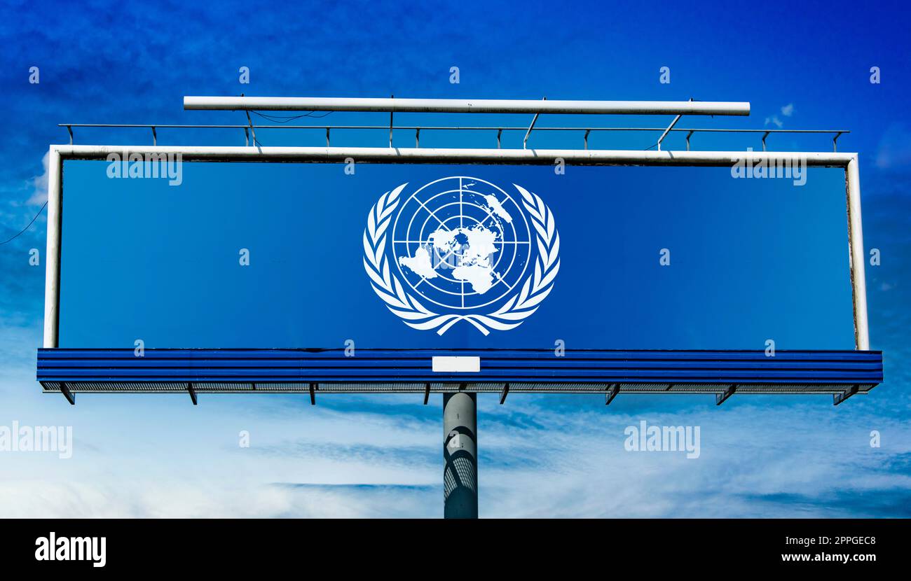 Cartellone pubblicitario con logo delle Nazioni Unite Foto Stock