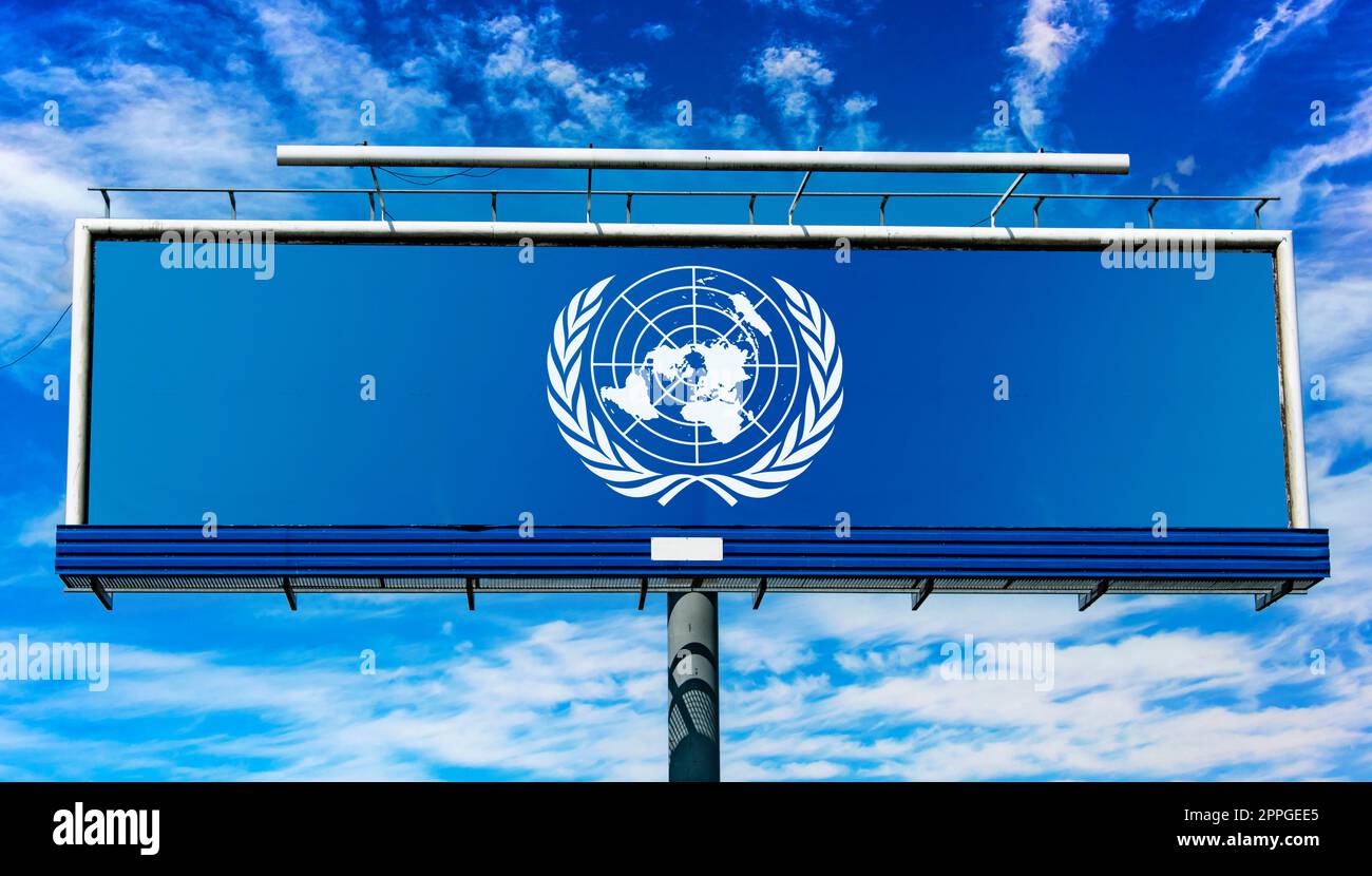 Cartellone pubblicitario con logo delle Nazioni Unite Foto Stock