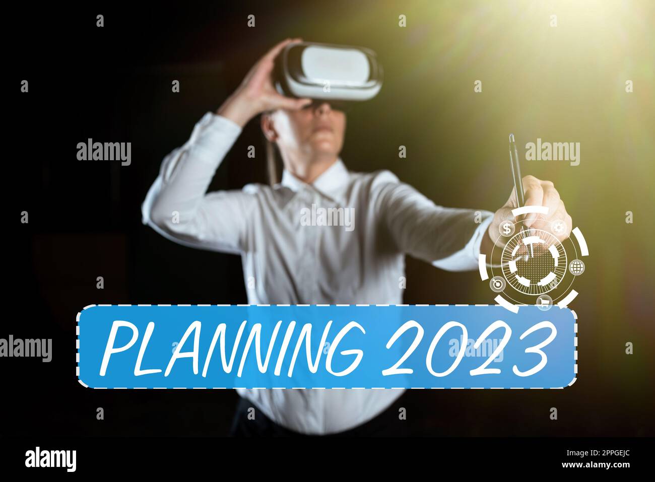 Didascalia di testo che presenta la pianificazione 2023. Parola scritta su inizio con fine nella mente posizionamento obiettivi a lungo termine Foto Stock