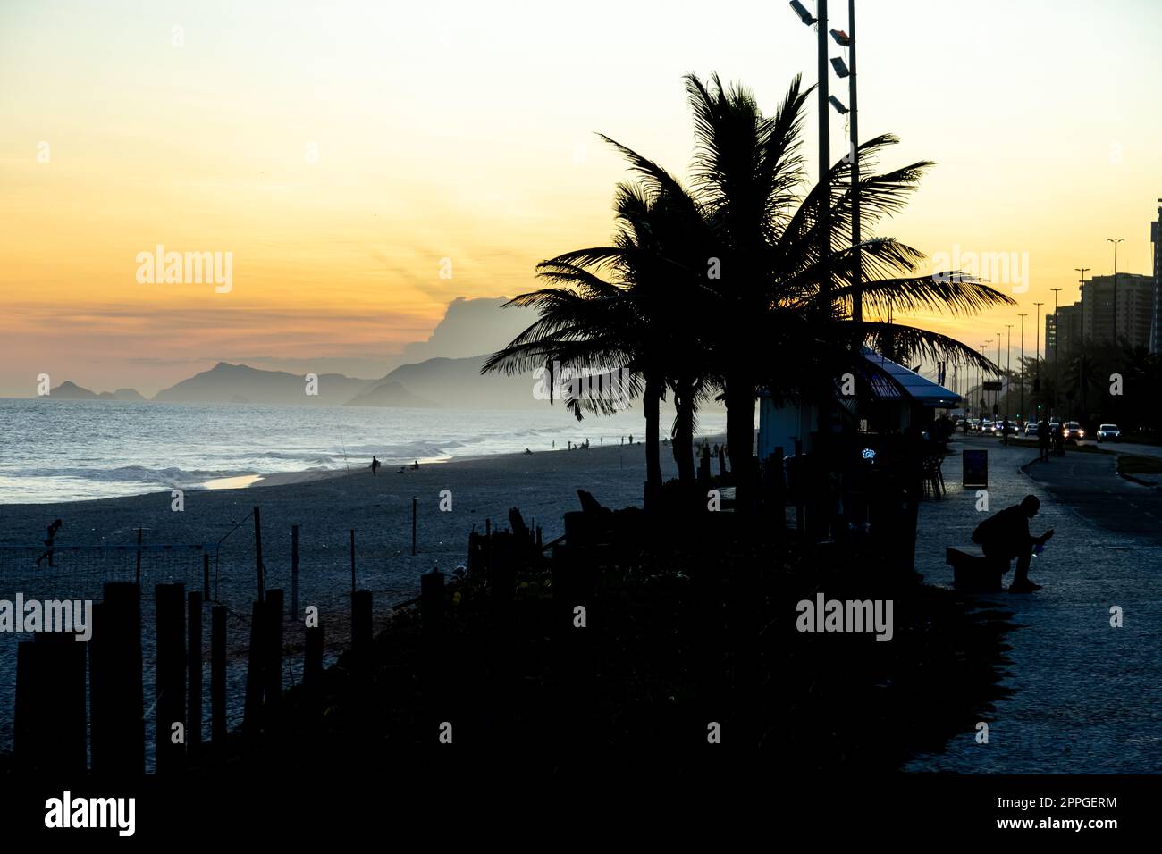 Spiaggia di Rio de Janeiro al tramonto. sagome di palme Foto Stock