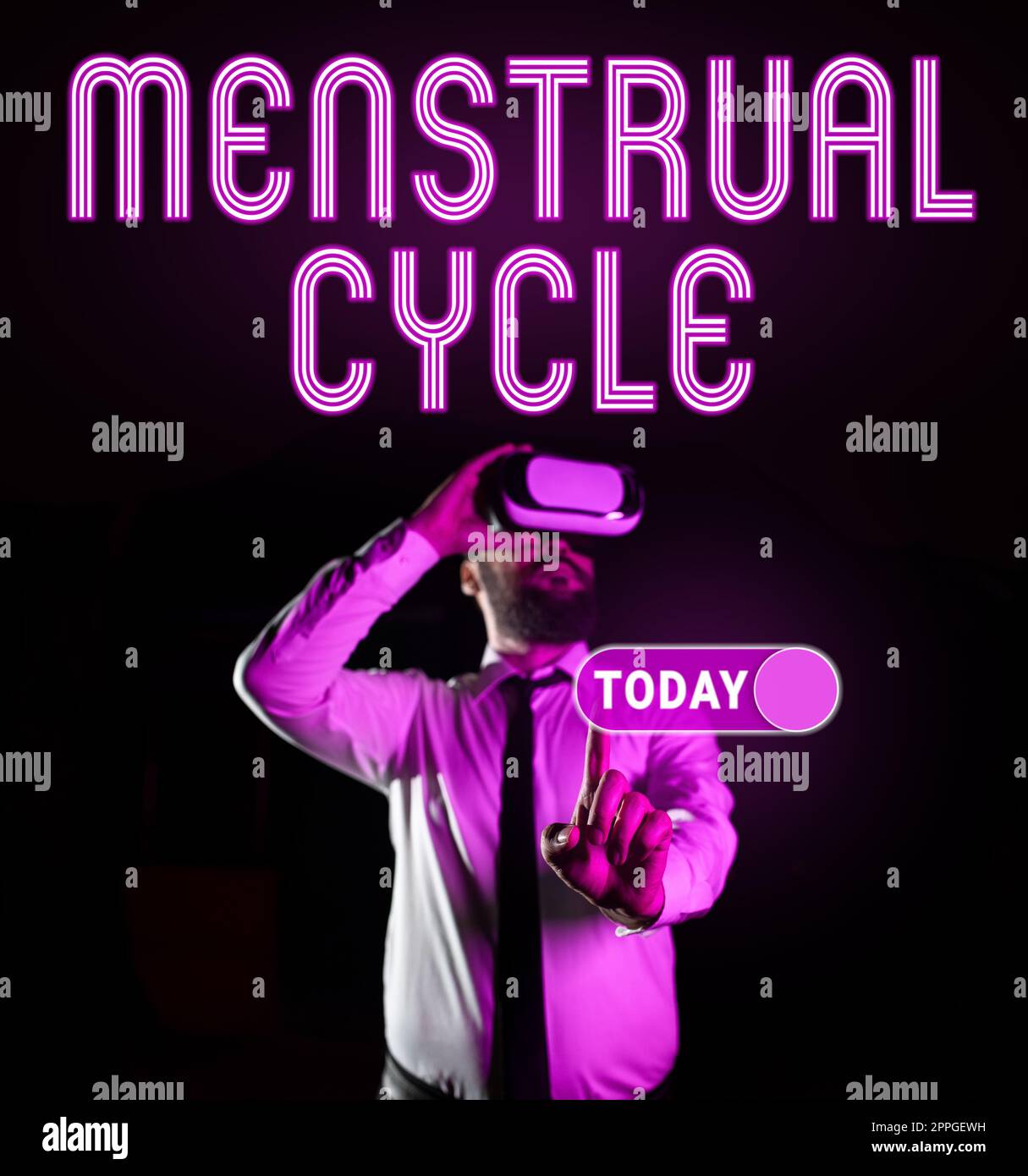 Didascalia di testo che presenta il ciclo mestruale. Parola per ciclo mensile di cambiamenti nelle ovaie e rivestimento utero Foto Stock