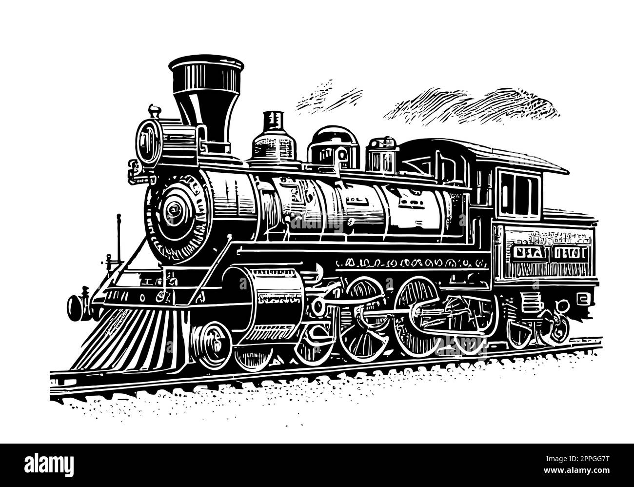 Locomotiva retrò su sfondo bianco schizzo disegnato a mano in stile doodle Foto Stock