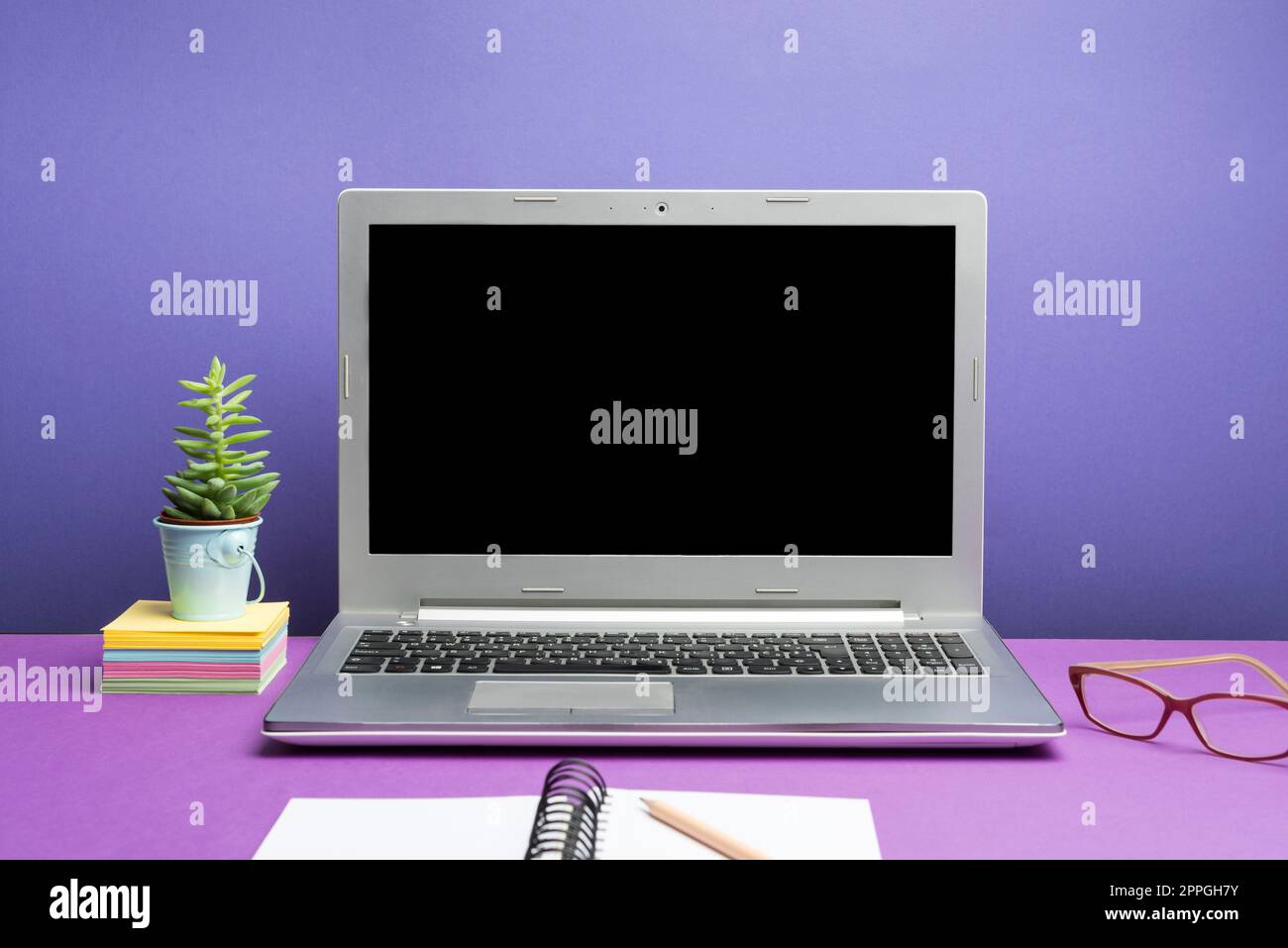 Lap Top con informazioni importanti sul tavolo con pianta e tazza di caffè. Annunci Crutial presentati sullo schermo del computer sulla scrivania con fiore e tazza. Foto Stock