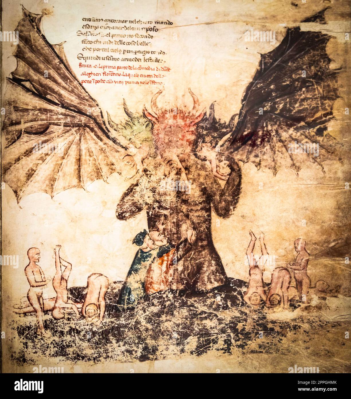Foglio manoscritto antico. Libro gotico con illustrazione satanica dell'inferno. Foto Stock