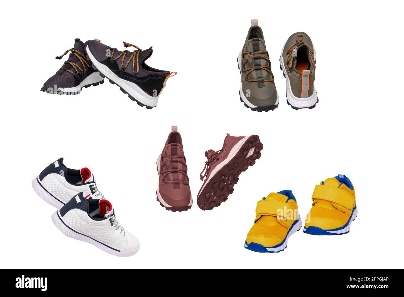 Collage Set scarpe estive per bambini. Collezione di eleganti sneaker maschili in pelle o scarpe sportive isolate su uno sfondo bianco. Moda scarpe ragazzi. Calzature dal design moderno per l'allenamento. Macro. Foto Stock