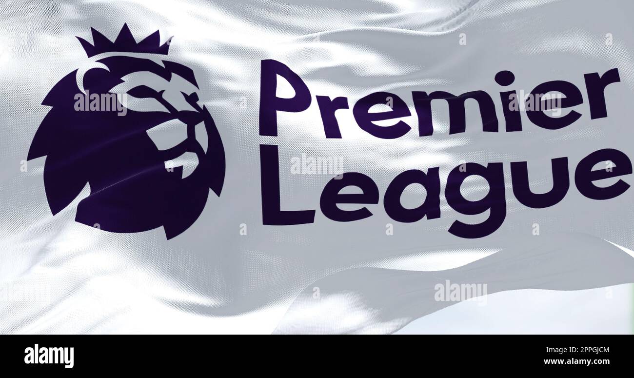 Primo piano della bandiera della Premier League che sventola nel vento Foto Stock